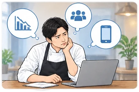 客足・集客・スマホでの見え方を思い浮かべて、ノートPCの前で考え込む店主のイラスト