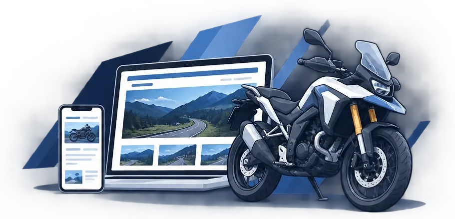 バイクショップのサイトを映したノートPCとスマートフォン、その前に停まるバイクのイラスト