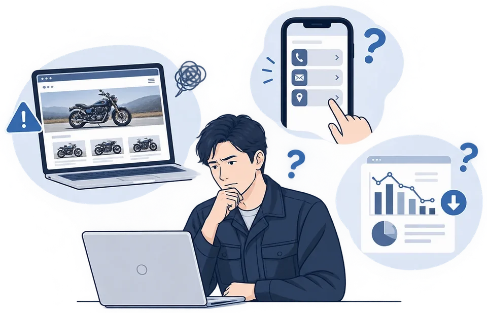 サイトの在庫・連絡先・数字を前に、考え込む店主のイラスト
