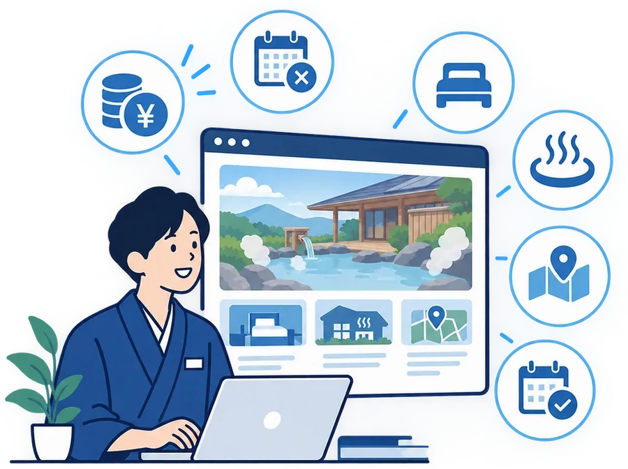 宿のサイトを映した画面の前で、ノートPCから料金や休館日を更新するスタッフのイラスト