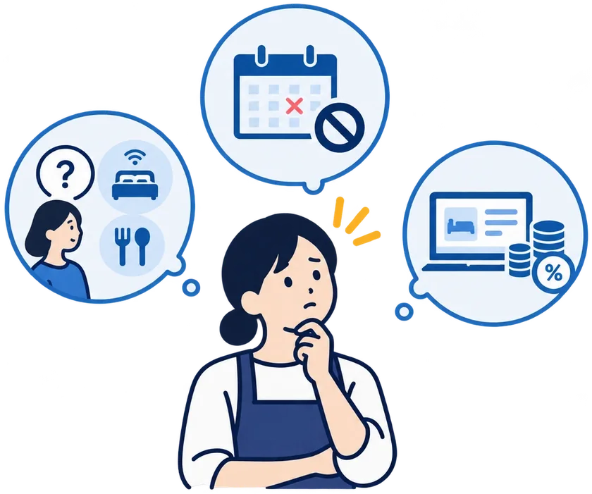 設備の問い合わせ・休館日の連絡・予約サイトの手数料を思い浮かべて、考え込む女将のイラスト